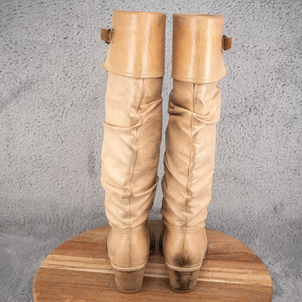 VIA‎ SPIGA Taupe Distressed Ruched Leather Calf High Boots Size 7.5 M